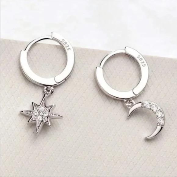 MOON STAR 925 STERLING SILVER DIAMOND HOOPS, NICE EARRINGS, CUTE EARRINGS - Picture 2 of 3